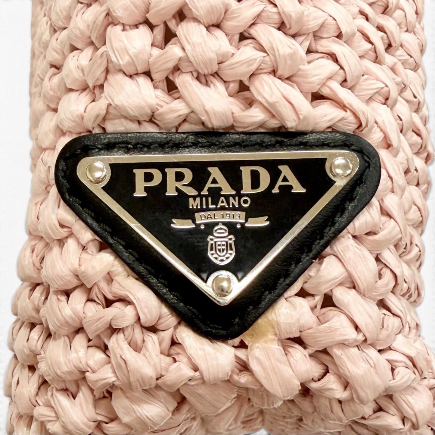 Prada Small Clochette Raffia Triangle Logo Tote Bag Pink Black — view 8