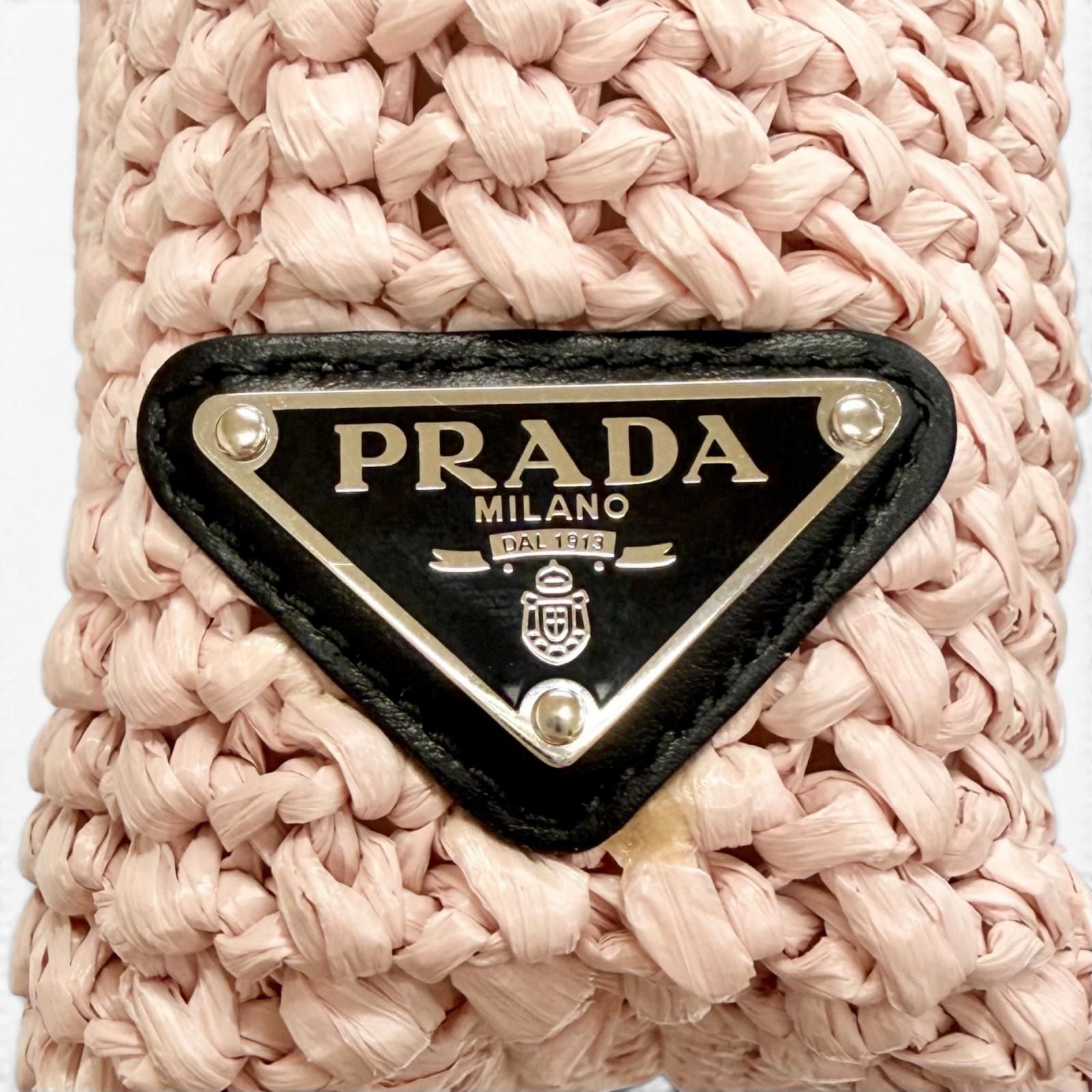 Prada Small Clochette Raffia Triangle Logo Tote Bag Pink Black — view 8