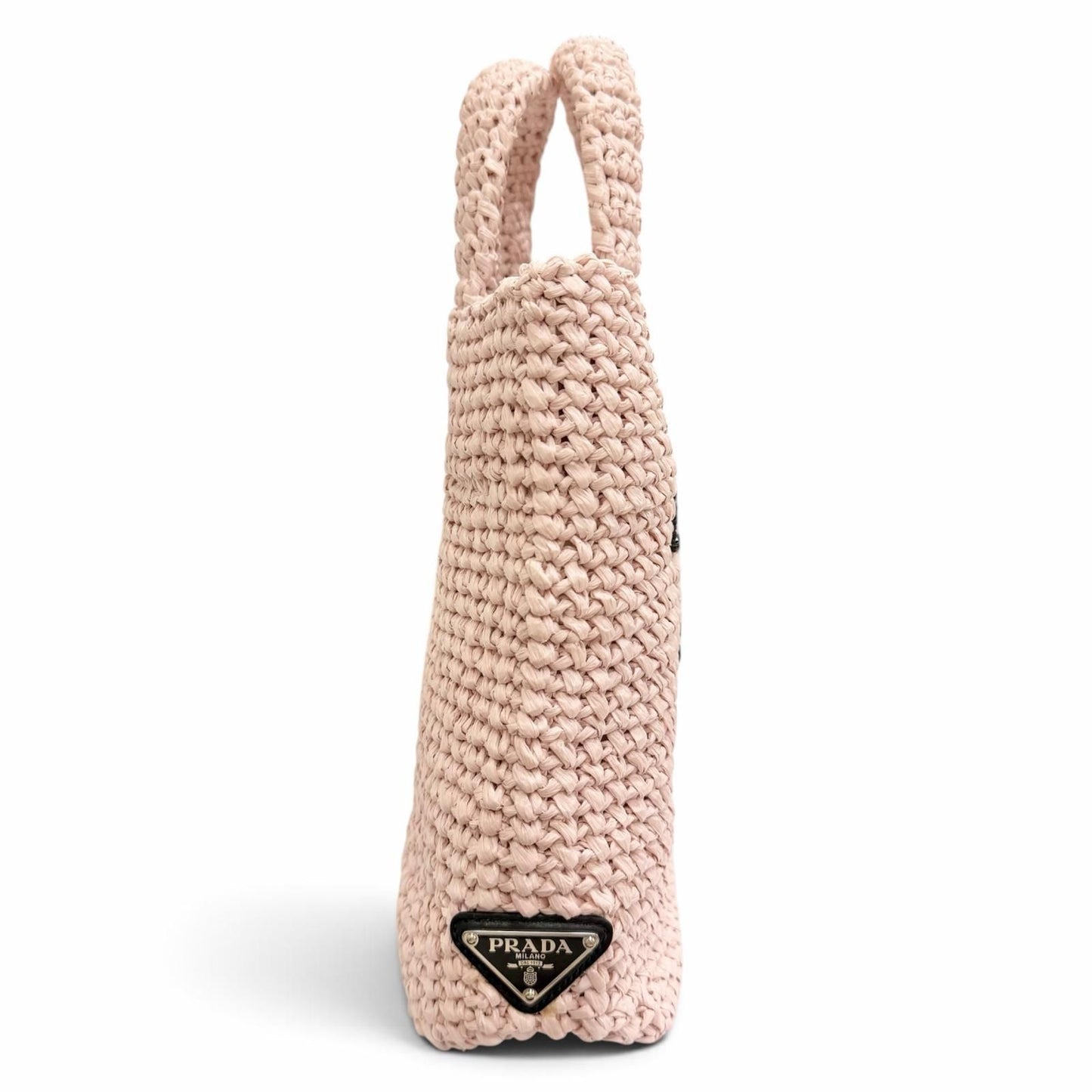 Prada Small Clochette Raffia Triangle Logo Tote Bag Pink Black — view 3