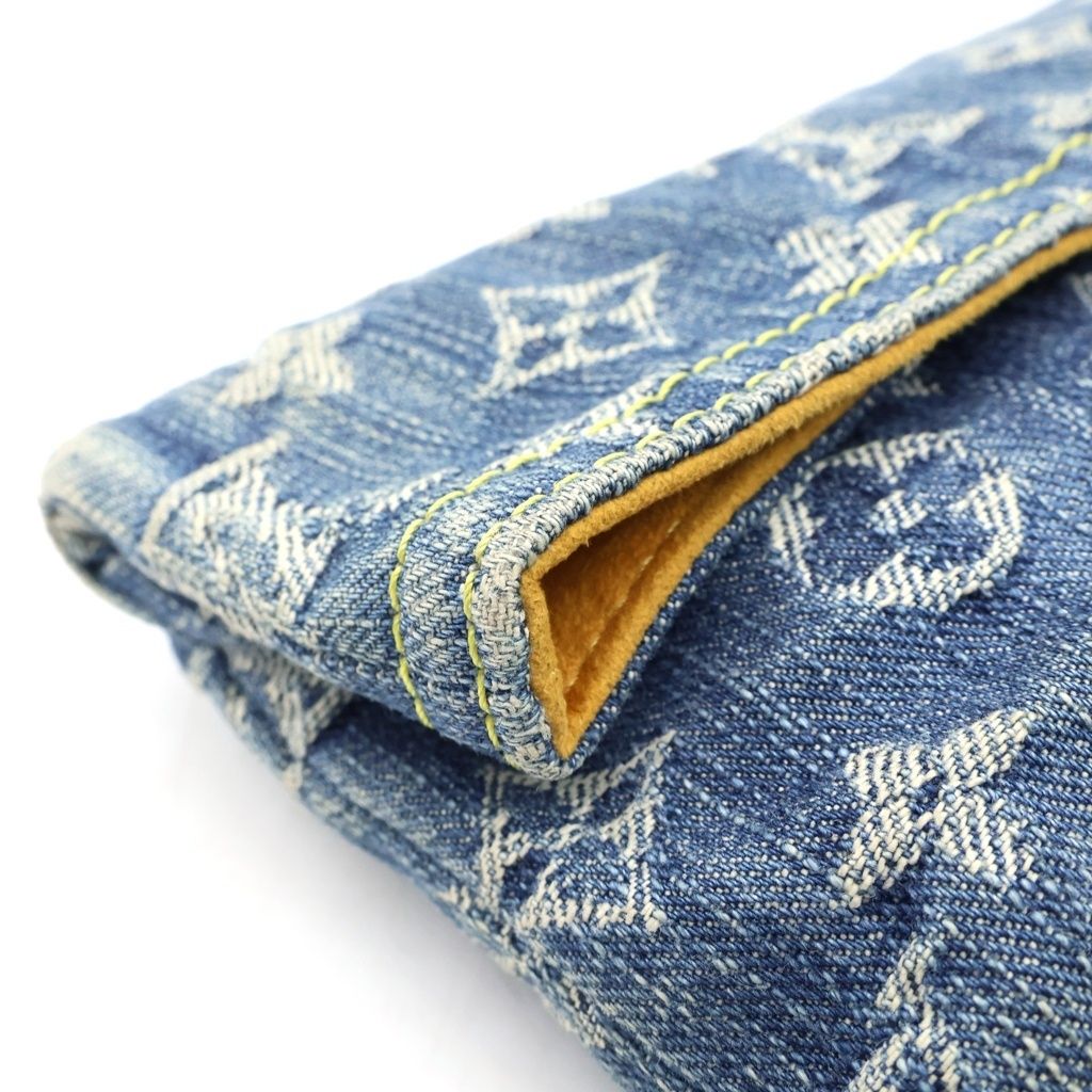 Louis Vuitton Monogram Denim Pochette Plat Clutch Mini Pouch Indigo Blue Gold — view 7