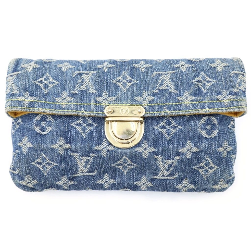 Louis Vuitton Monogram Denim Pochette Plat Clutch Mini Pouch Indigo Blue Gold
