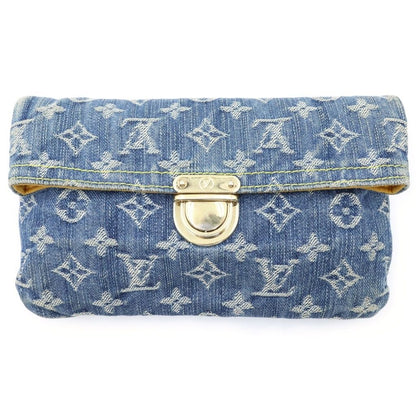 Louis Vuitton Monogram Denim Pochette Plat Clutch Mini Pouch Indigo Blue Gold