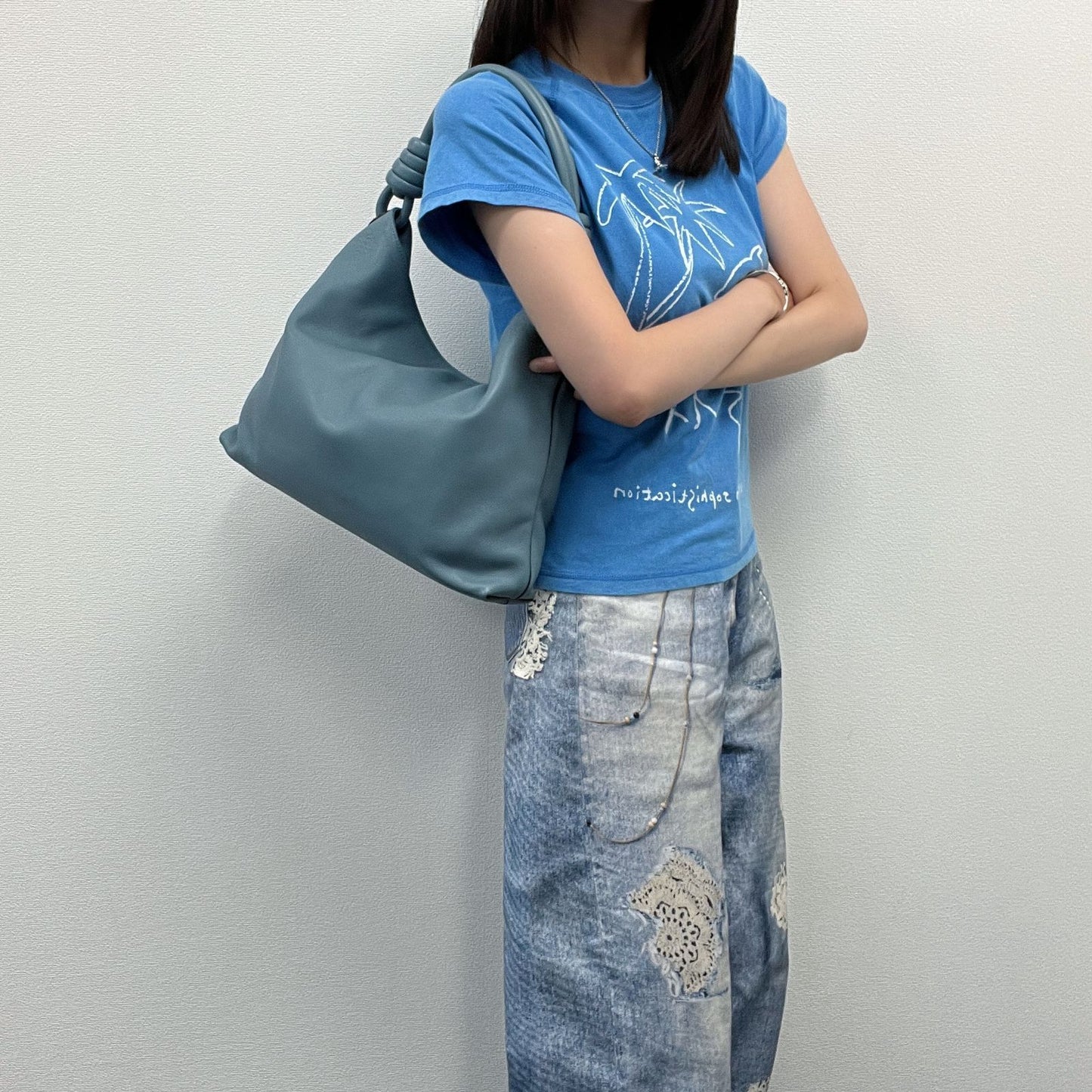 Loewe Flamenco Knot Hobo Shoulder Bag Leather Blue Vintage