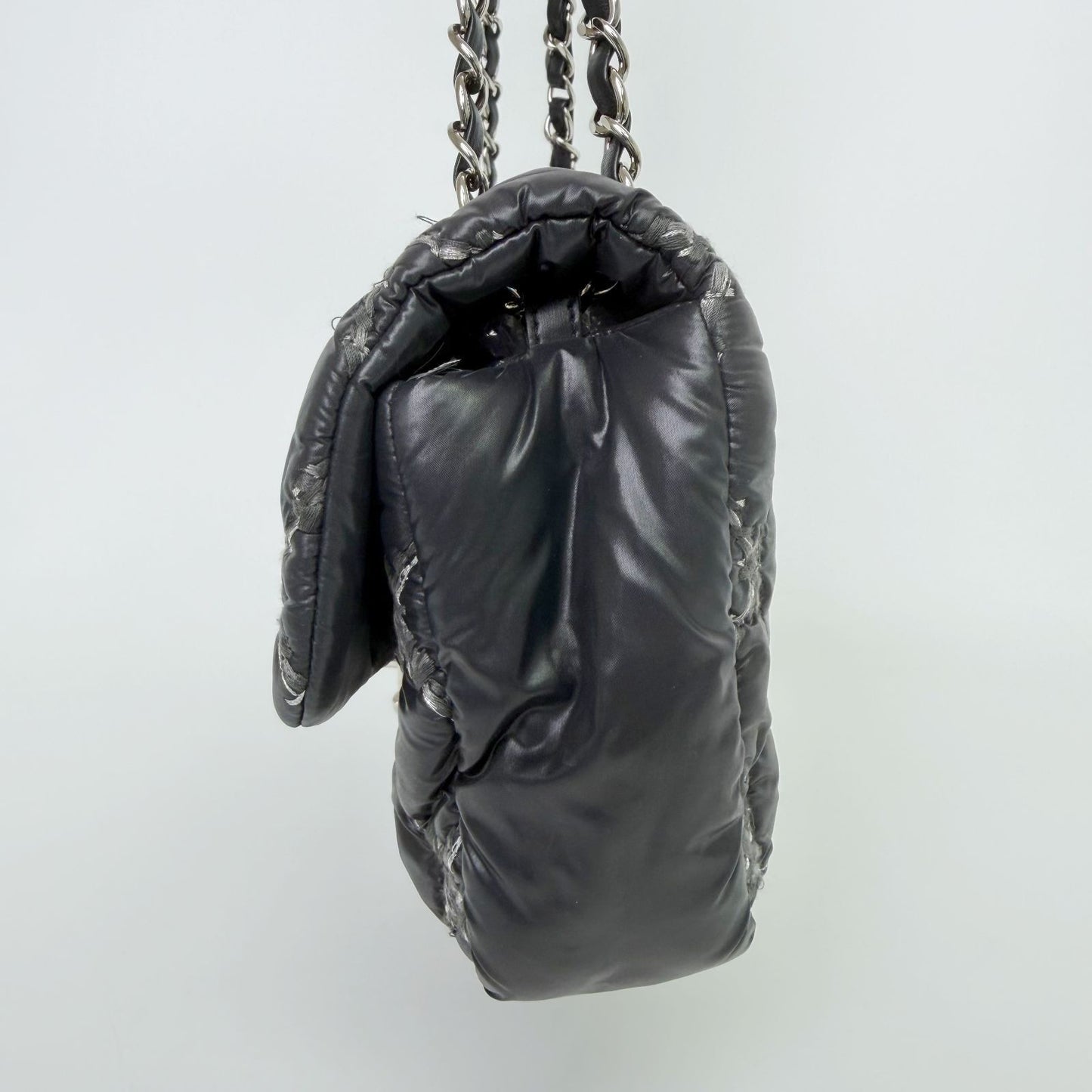 Chanel Quilted Tweed on Stitch Bubble Flap Shoulder Bag Nylon Black Silver Seal — view 6