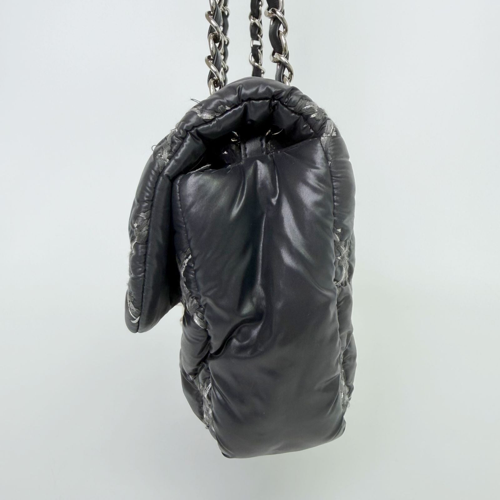 Chanel Quilted Tweed on Stitch Bubble Flap Shoulder Bag Nylon Black Silver Seal — view 6