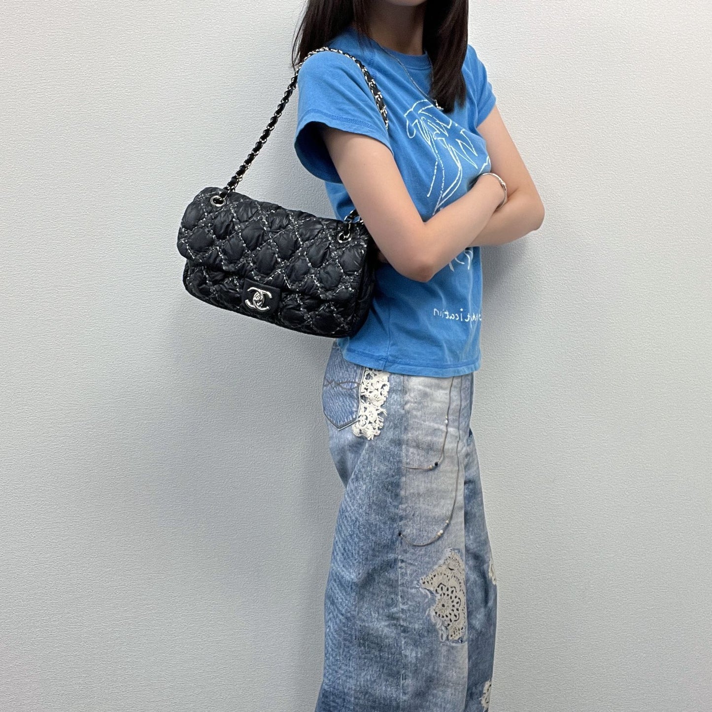 Chanel Quilted Tweed on Stitch Bubble Flap Shoulder Bag Nylon Black Silver Seal — view 2