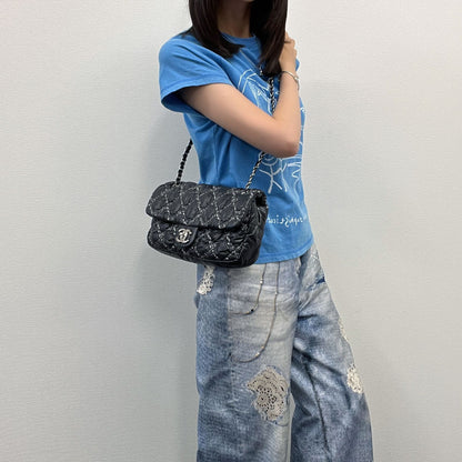 Chanel Quilted Tweed on Stitch Bubble Flap Shoulder Bag Nylon Black Silver Seal