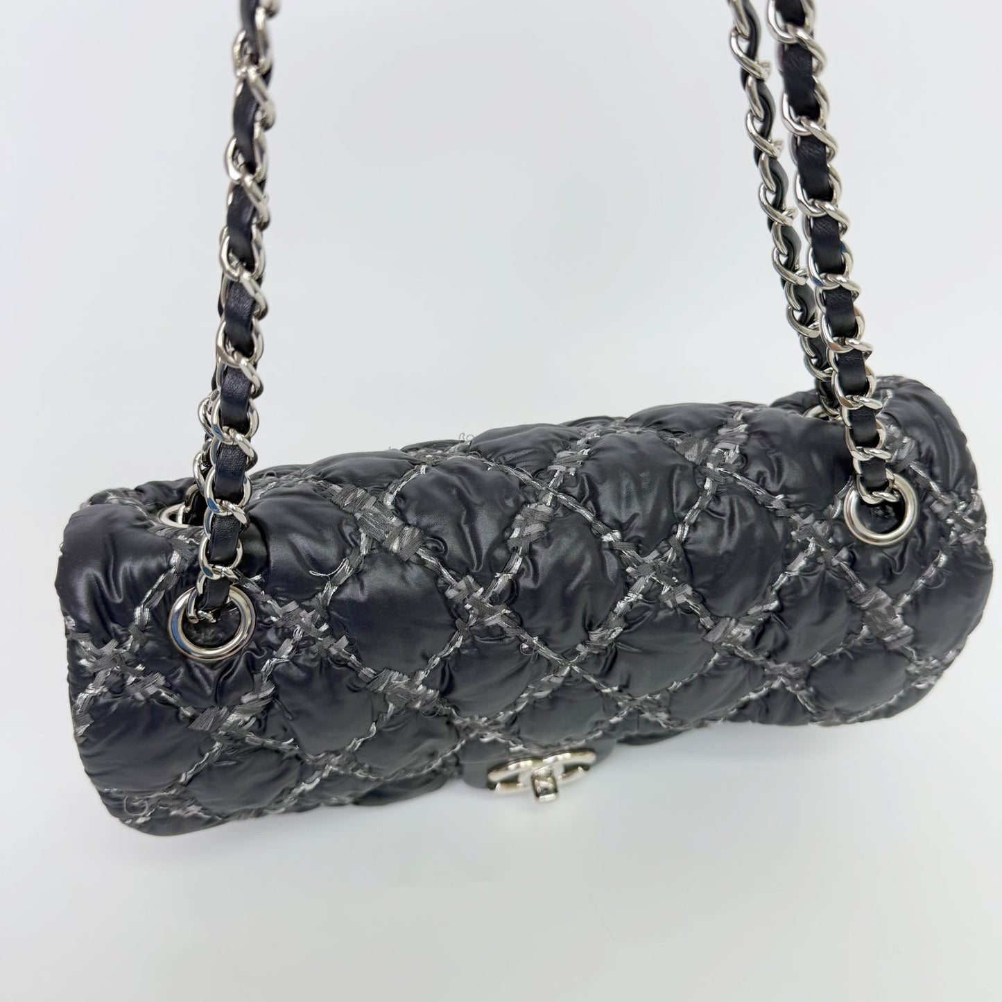 Chanel Quilted Tweed on Stitch Bubble Flap Shoulder Bag Nylon Black Silver Seal — view 8
