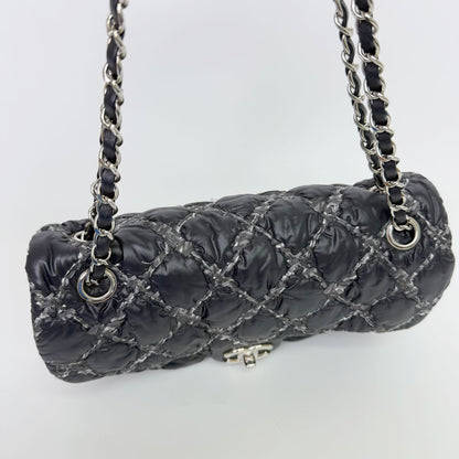 Chanel Quilted Tweed on Stitch Bubble Flap Shoulder Bag Nylon Black Silver Seal — view 8