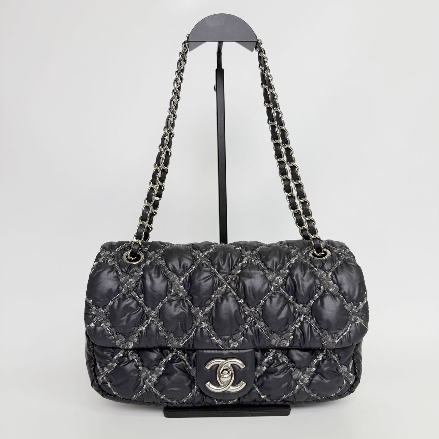 Chanel Quilted Tweed on Stitch Bubble Flap Shoulder Bag Nylon Black Silver Seal — view 4