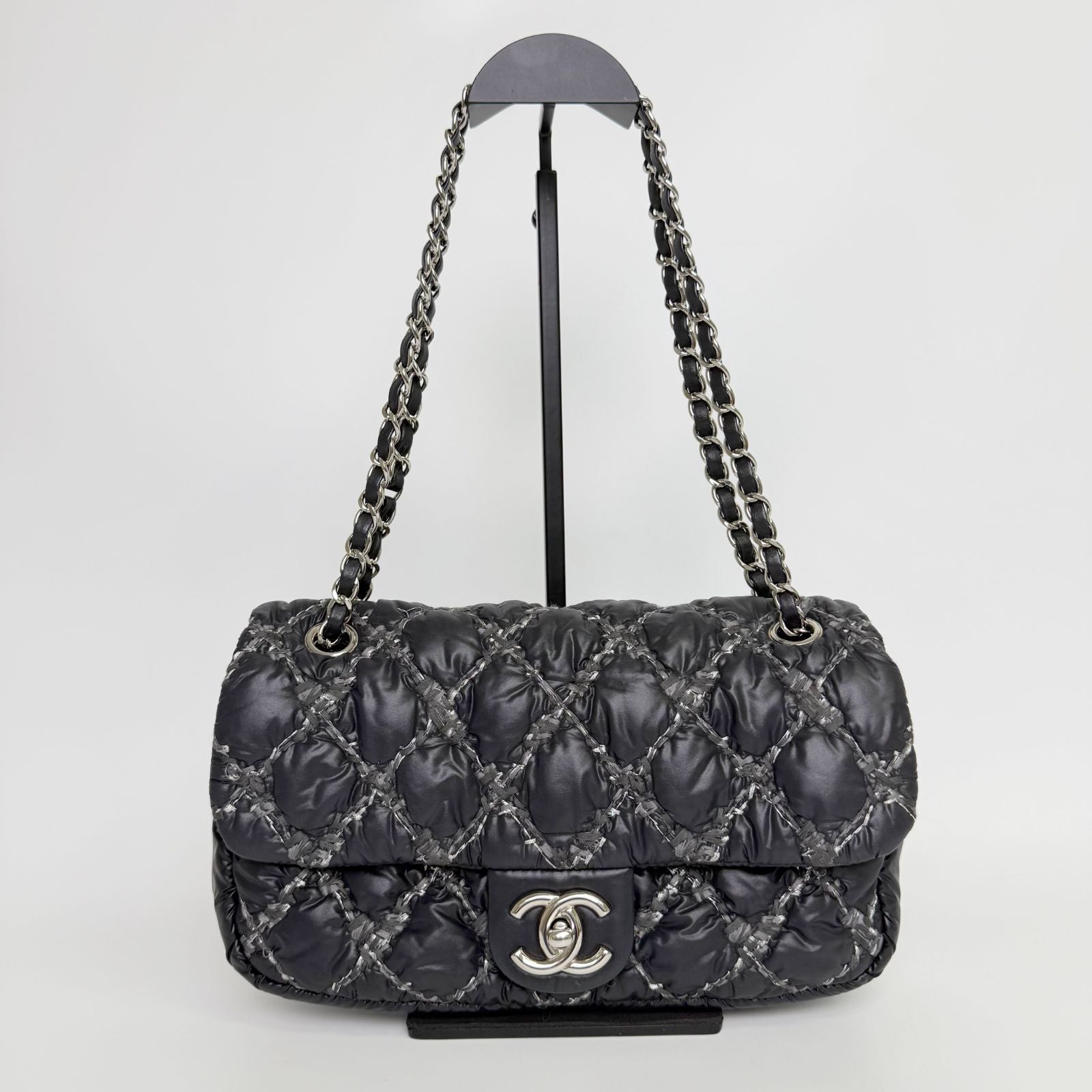 Chanel Quilted Tweed on Stitch Bubble Flap Shoulder Bag Nylon Black Silver Seal — view 4