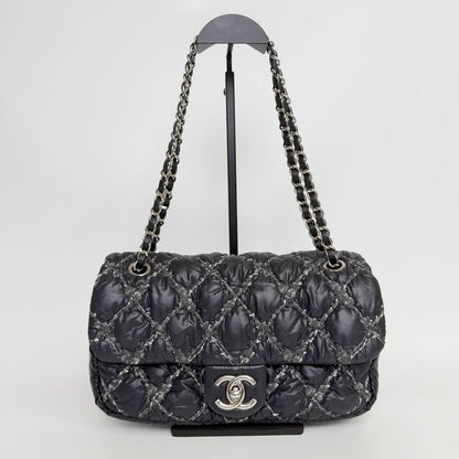 Chanel Quilted Tweed on Stitch Bubble Flap Shoulder Bag Nylon Black Silver Seal — view 4
