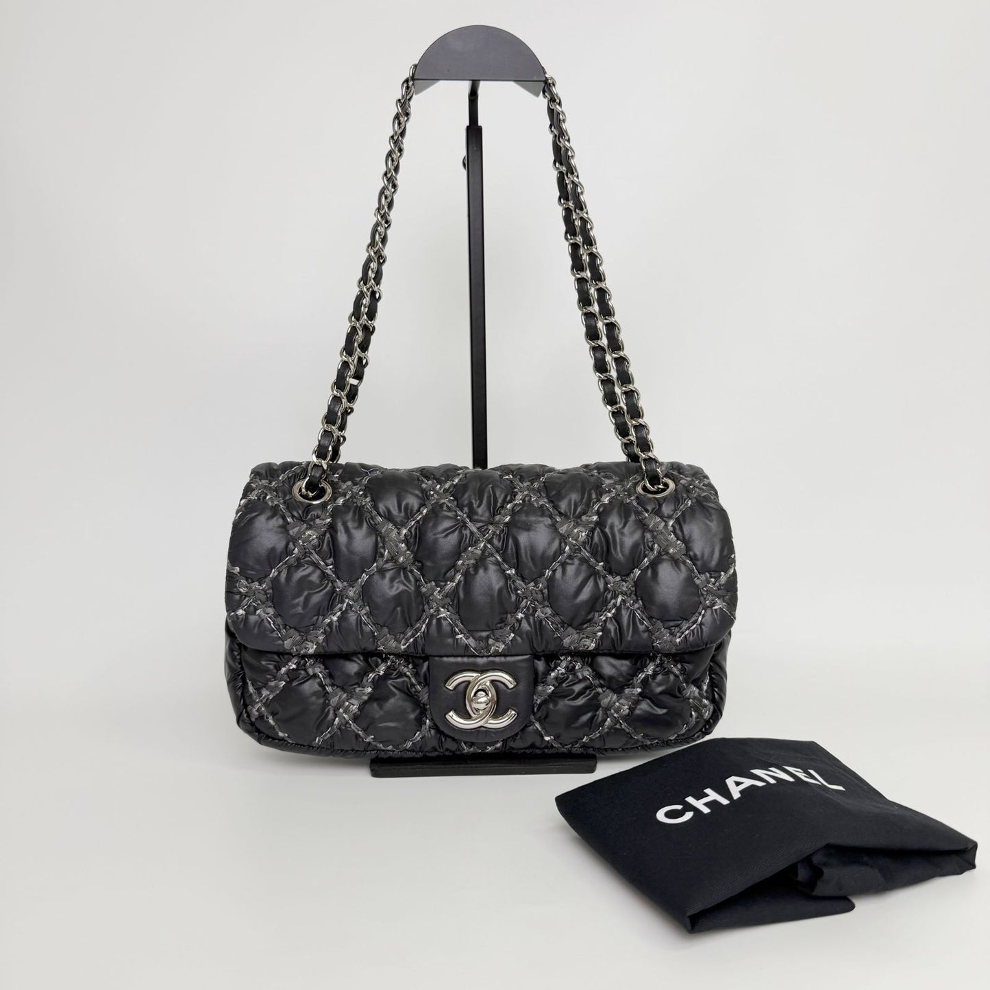 Chanel Quilted Tweed on Stitch Bubble Flap Shoulder Bag Nylon Black Silver Seal — view 3