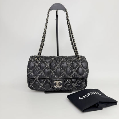 Chanel Quilted Tweed on Stitch Bubble Flap Shoulder Bag Nylon Black Silver Seal — view 3