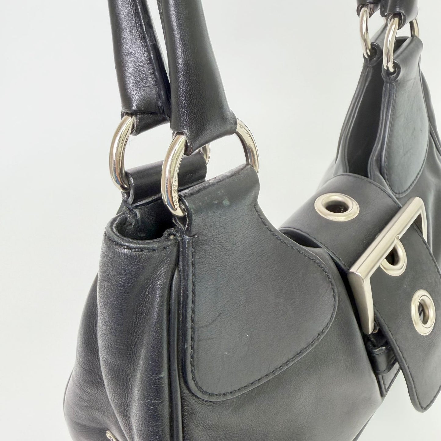 Prada Moon Buckle Shoulder Bag Leather Black Silver Vintage — view 7