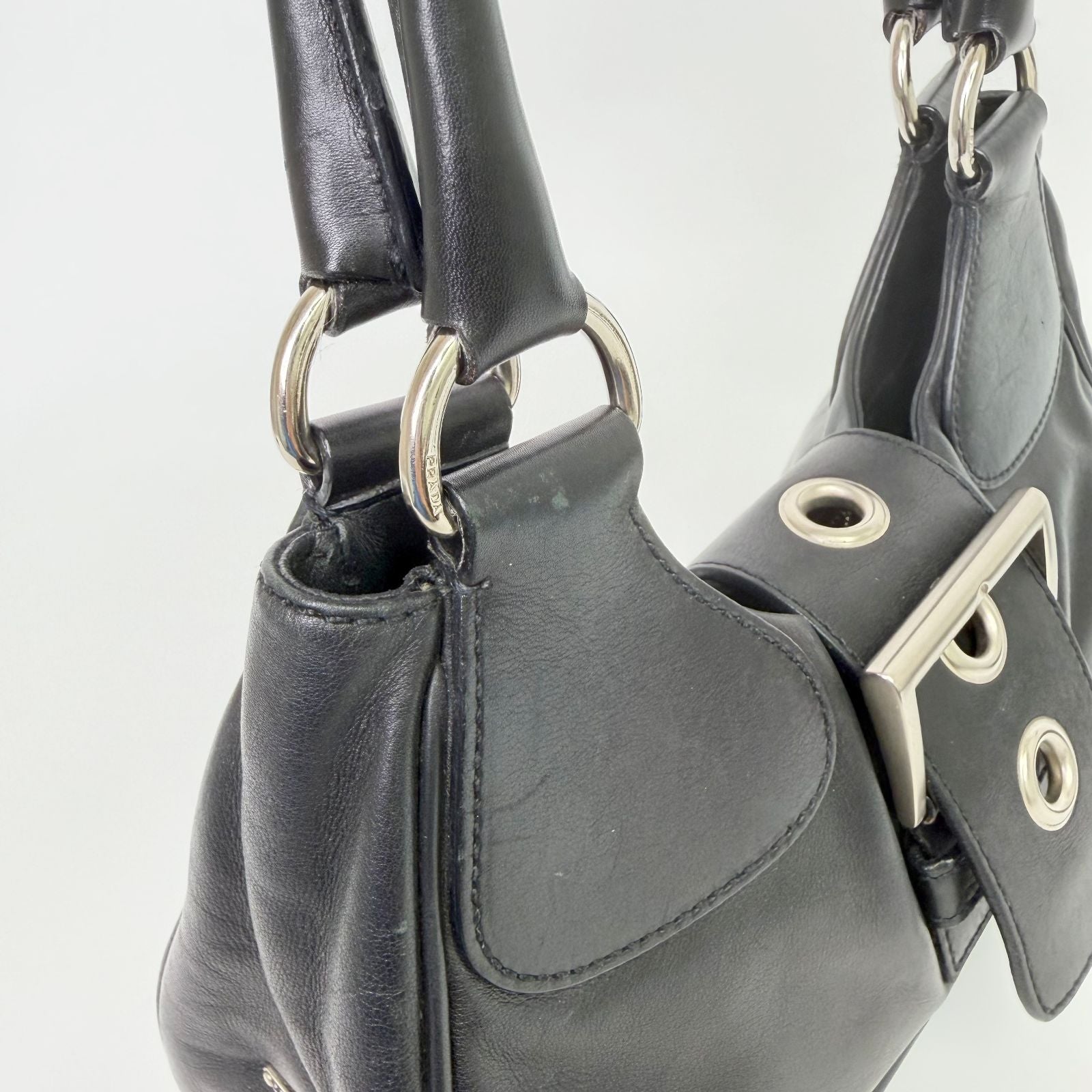 Prada Moon Buckle Shoulder Bag Leather Black Silver Vintage — view 7