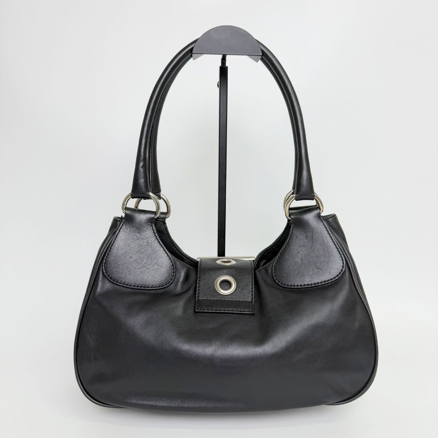 Prada Moon Buckle Shoulder Bag Leather Black Silver Vintage — view 3