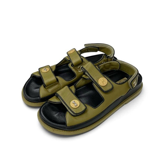 Chanel Sandals Shoes Leather Khaki Black Flat CC Logo Clover Rhinestone Velcro