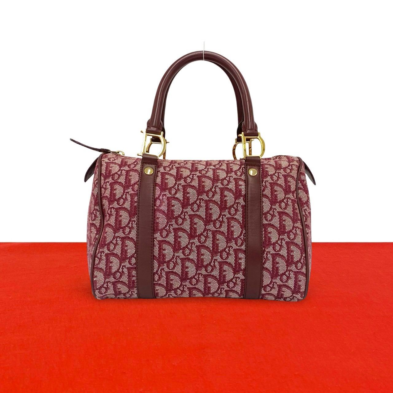 Dior Trotter Pattern Canvas Leather Mini Boston Bag Bordeaux
