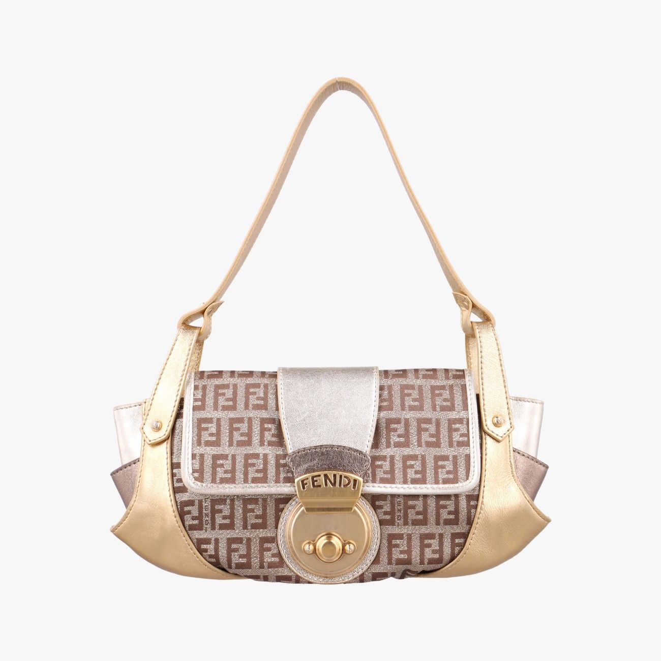 Fendi Zucchino Bolsa Gold Multicolor Canvas Leather