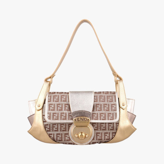 Fendi Zucchino Bolsa Gold Multicolor Canvas Leather