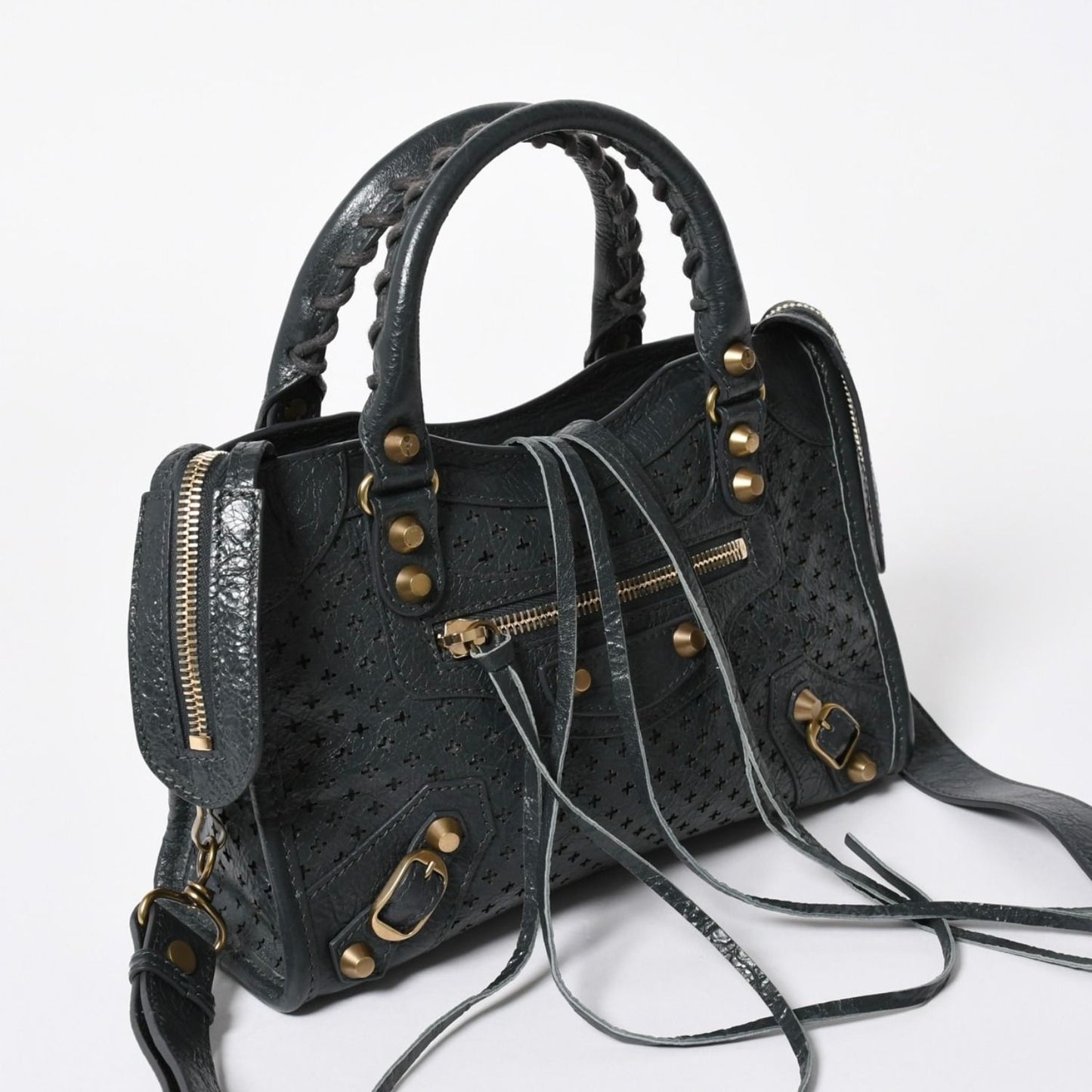 Balenciaga Perforated Classic Mini City 2-Way Shoulder Bag Dark Gray Gold — view 3