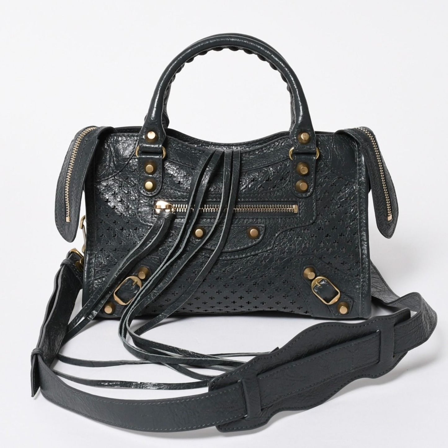 Balenciaga Perforated Classic Mini City 2-Way Shoulder Bag Dark Gray Gold