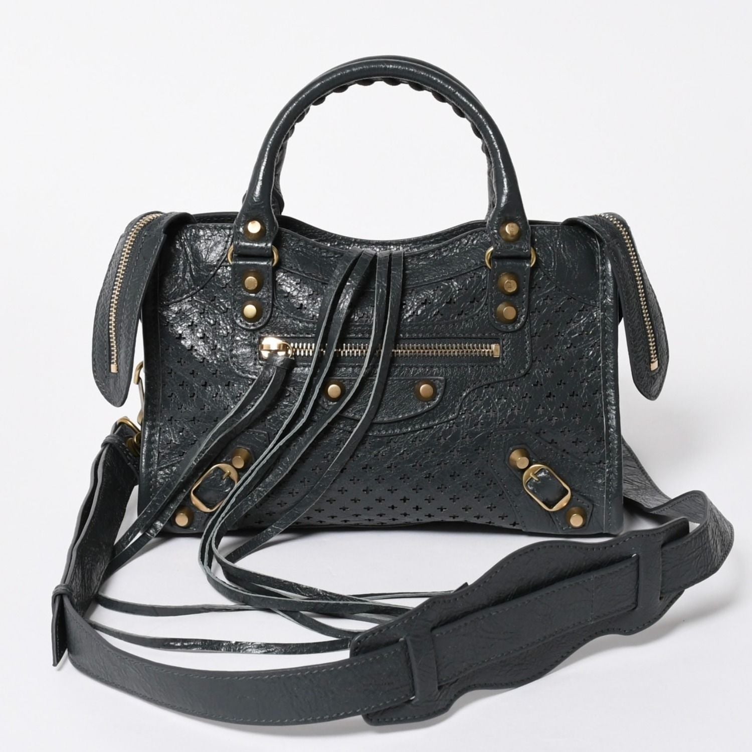Balenciaga Perforated Classic Mini City 2-Way Shoulder Bag Dark Gray Gold
