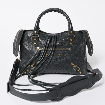 Balenciaga Perforated Classic Mini City 2-Way Shoulder Bag Dark Gray Gold