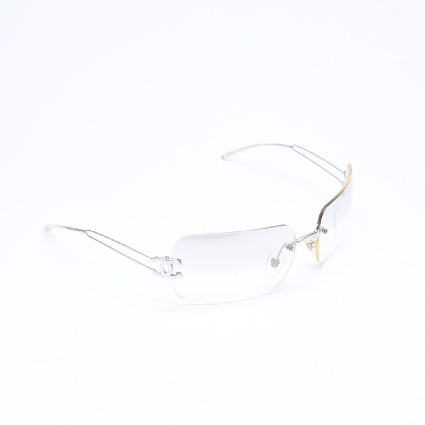Chanel Rimless Sunglasses Side CC Logo Clear Silver Frame Metal 16 Eyewear — view 4