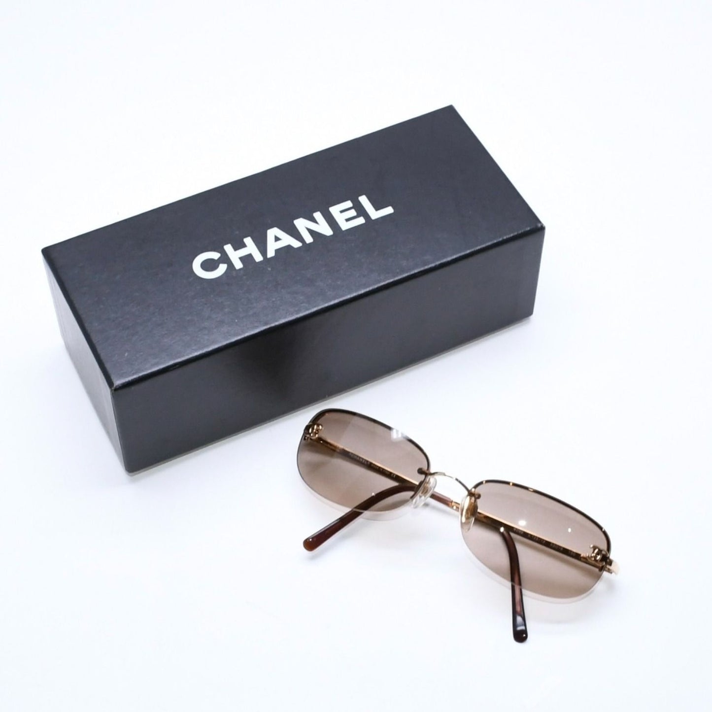 Chanel Half Rim Sunglasses Eyewear CC Logo Brown Gold