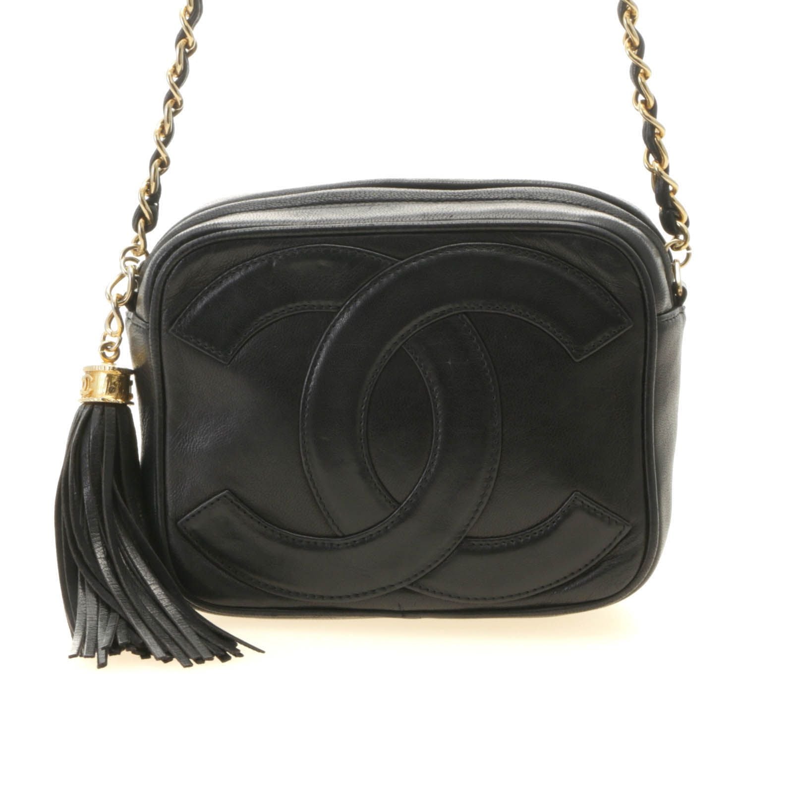Chanel CC Logo Tassel Chain Shoulder Black Gold Lambskin Bag