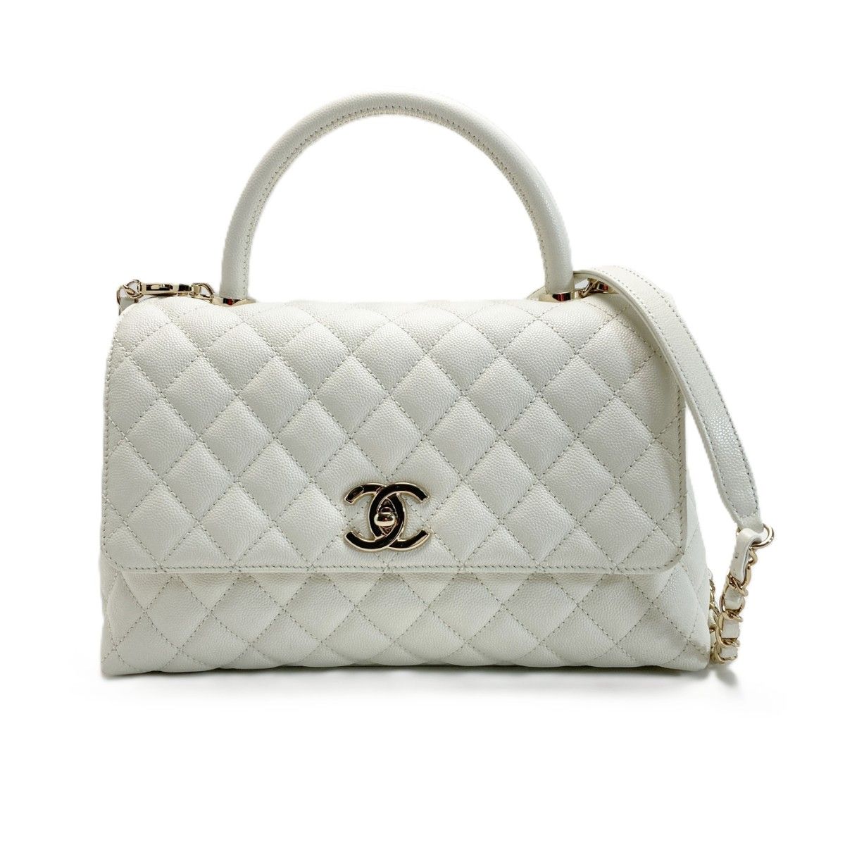 Chanel Coco Handle 29 Quilted White 2-Way Bag Caviar Leather CC Logo