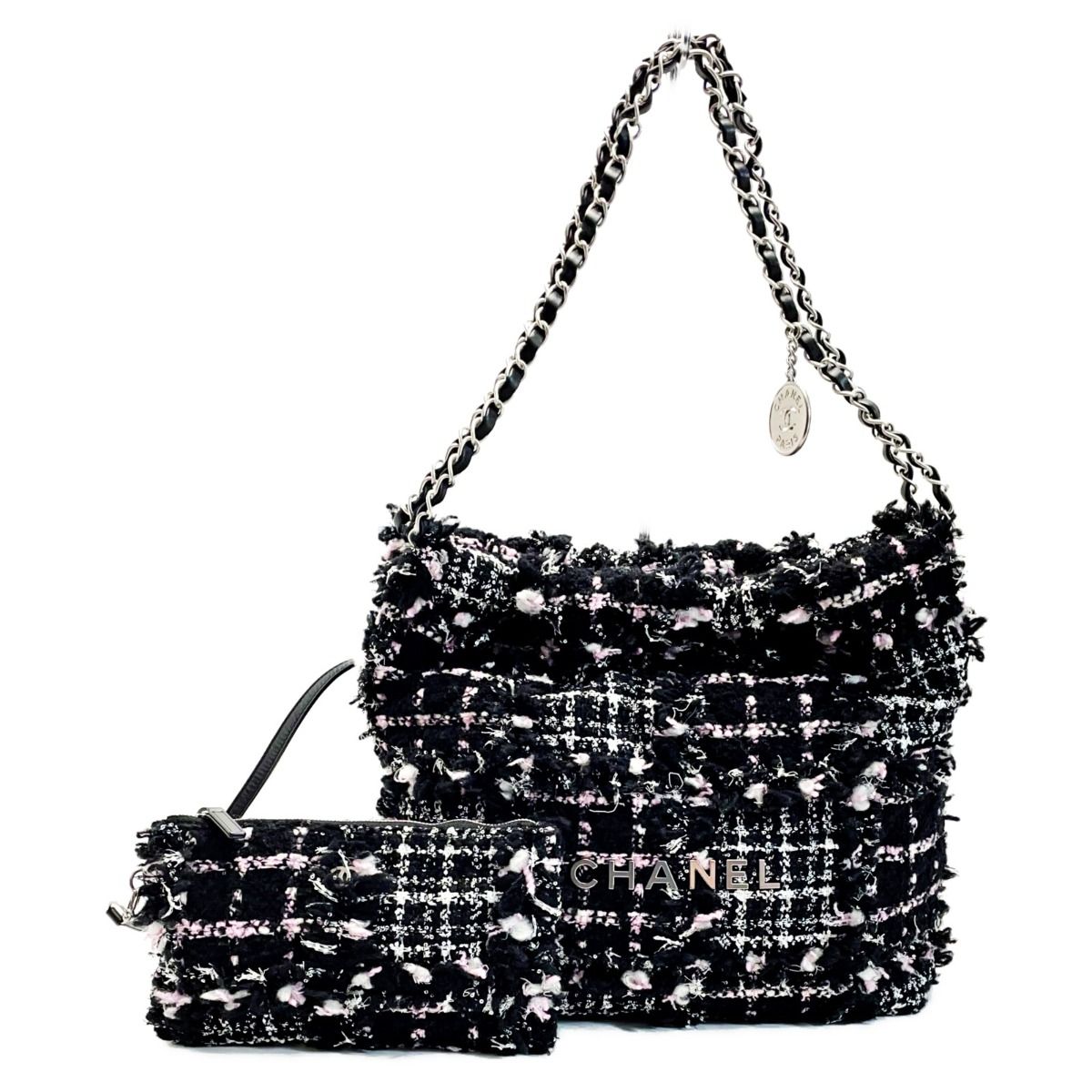 Chanel 22 Black Pink Shoulder Bag Tweed Silver