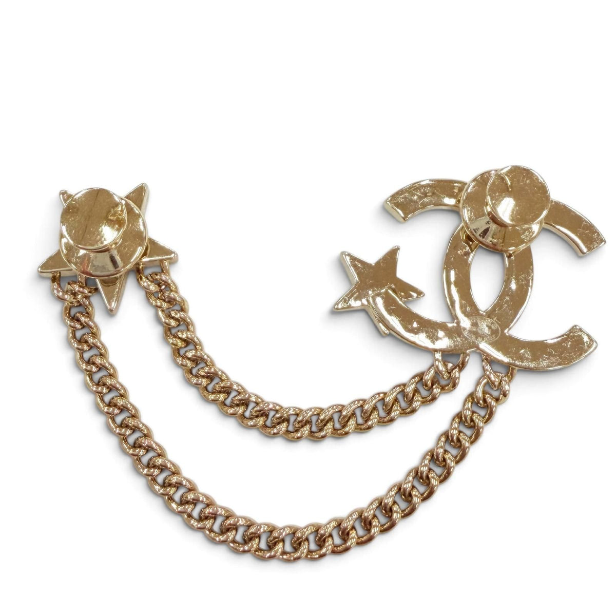 Chanel Metal CC Logo Star Chain Rhinestone Brooch Gold — view 2