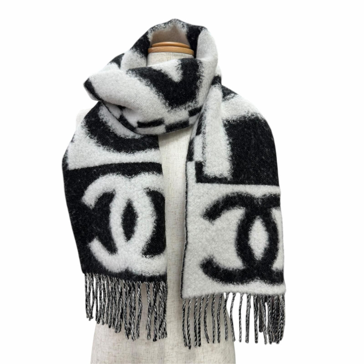 Chanel Cashmere Silk CC Logo Design Fringe Scarf White Black — view 2