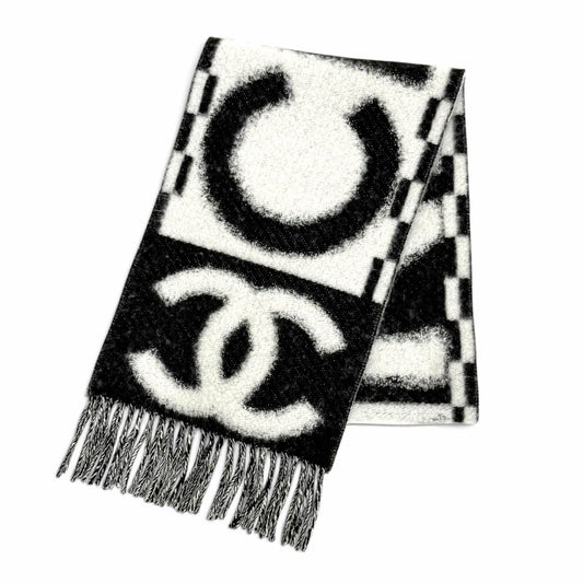 Chanel Cashmere Silk CC Logo Design Fringe Scarf White Black