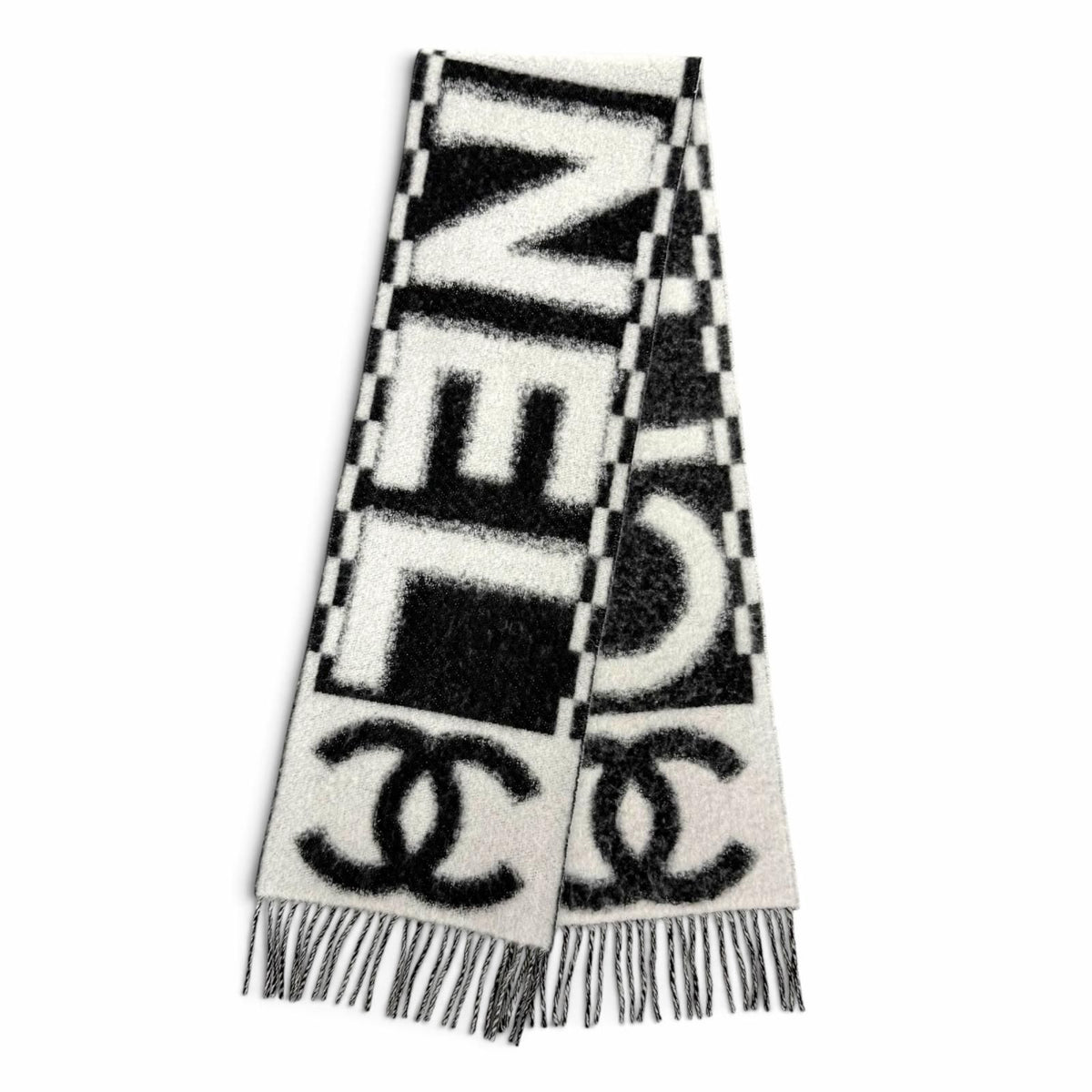 Chanel Cashmere Silk CC Logo Design Fringe Scarf White Black — view 3