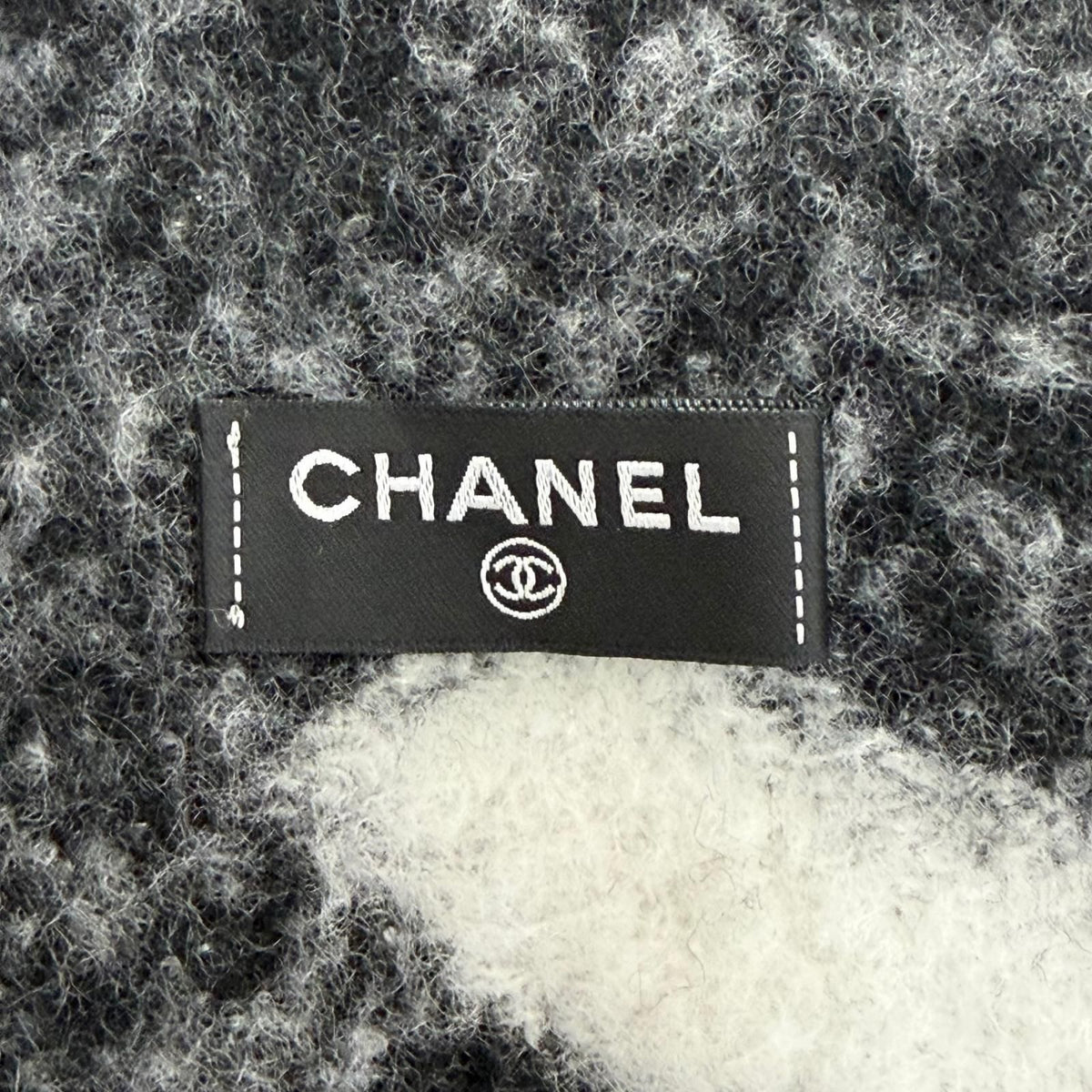 Chanel Cashmere Silk CC Logo Design Fringe Scarf White Black — view 6