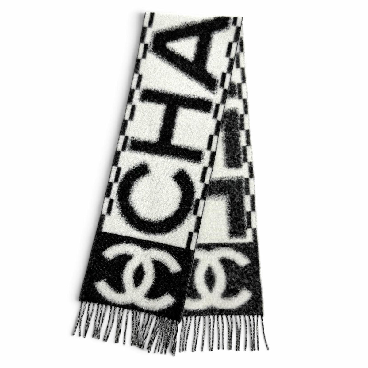 Chanel Cashmere Silk CC Logo Design Fringe Scarf White Black — view 8