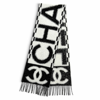 Chanel Cashmere Silk CC Logo Design Fringe Scarf White Black — view 8