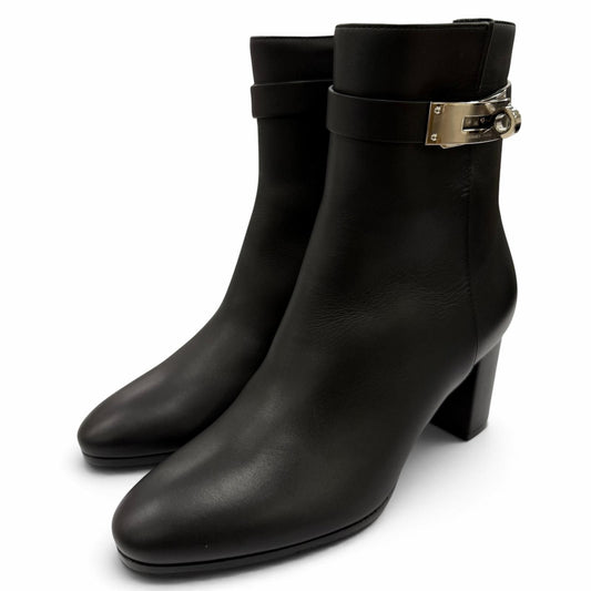 Hermes Saint Germain Silver Kelly Buckle Leather Short Boots Black