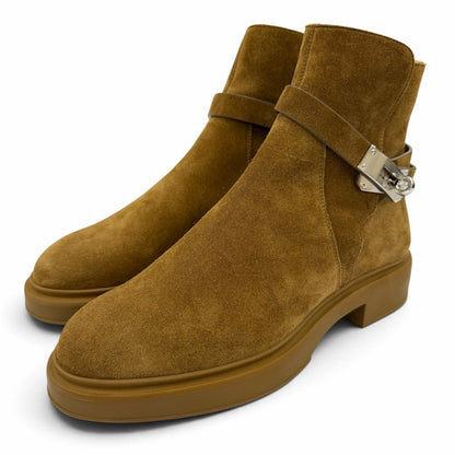Hermes Veo Silver Kelly Buckle Shearling Short Boots Brown Box Protection