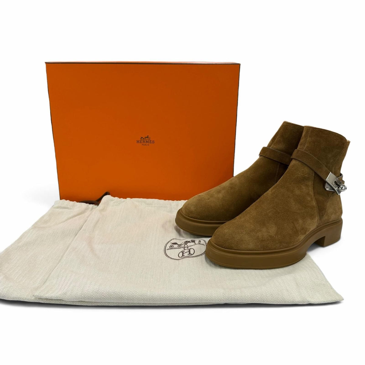 Hermes Veo Silver Kelly Buckle Shearling Short Boots Brown Box Protection — view 2