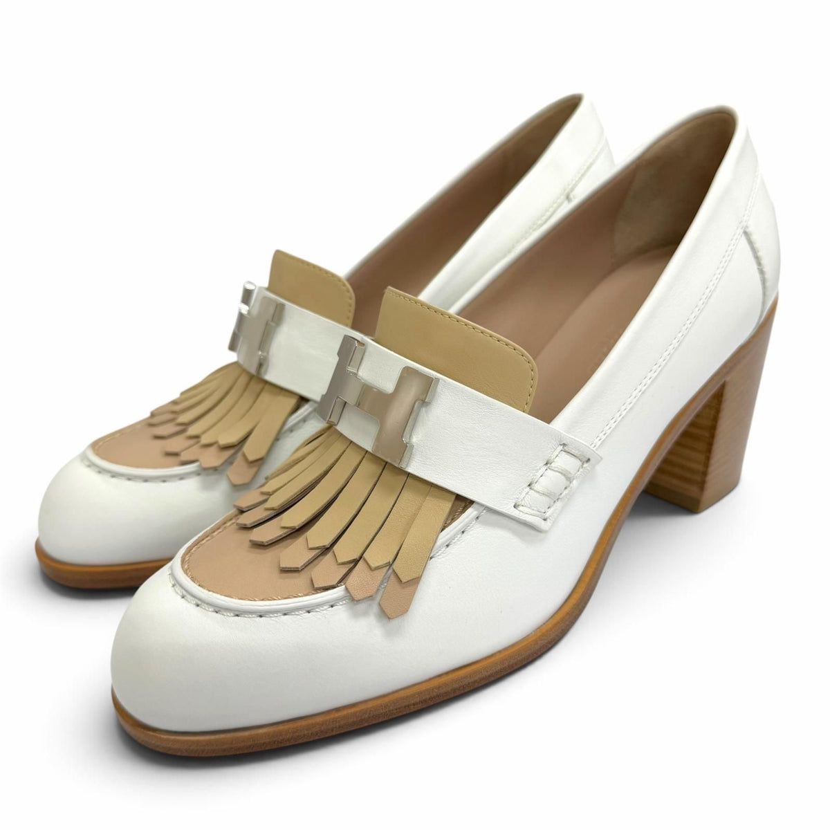 Hermes Elysee 70 Constance Silver Leather Pumps Chunky Heel White