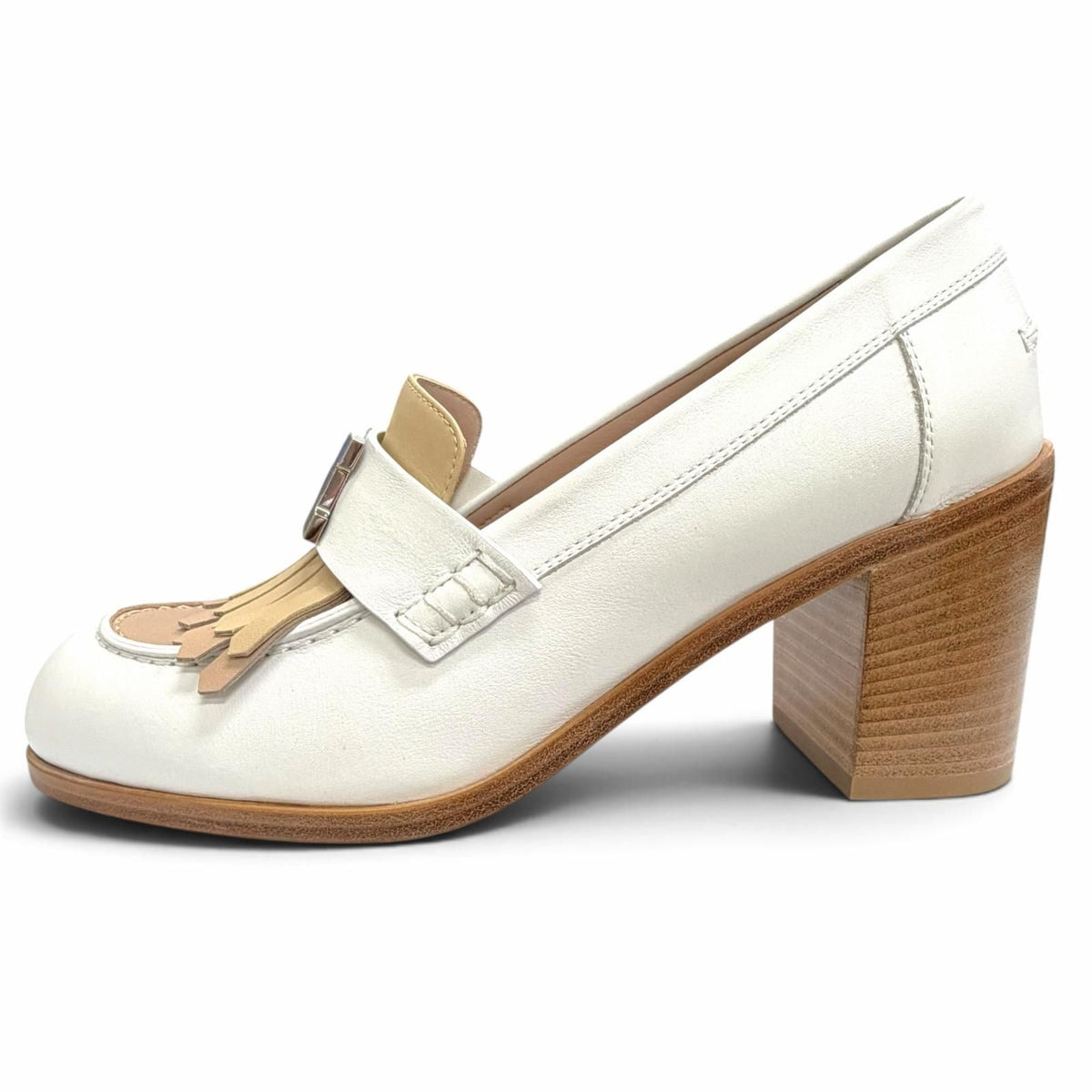 Hermes Elysee 70 Constance Silver Leather Pumps Chunky Heel White — view 6