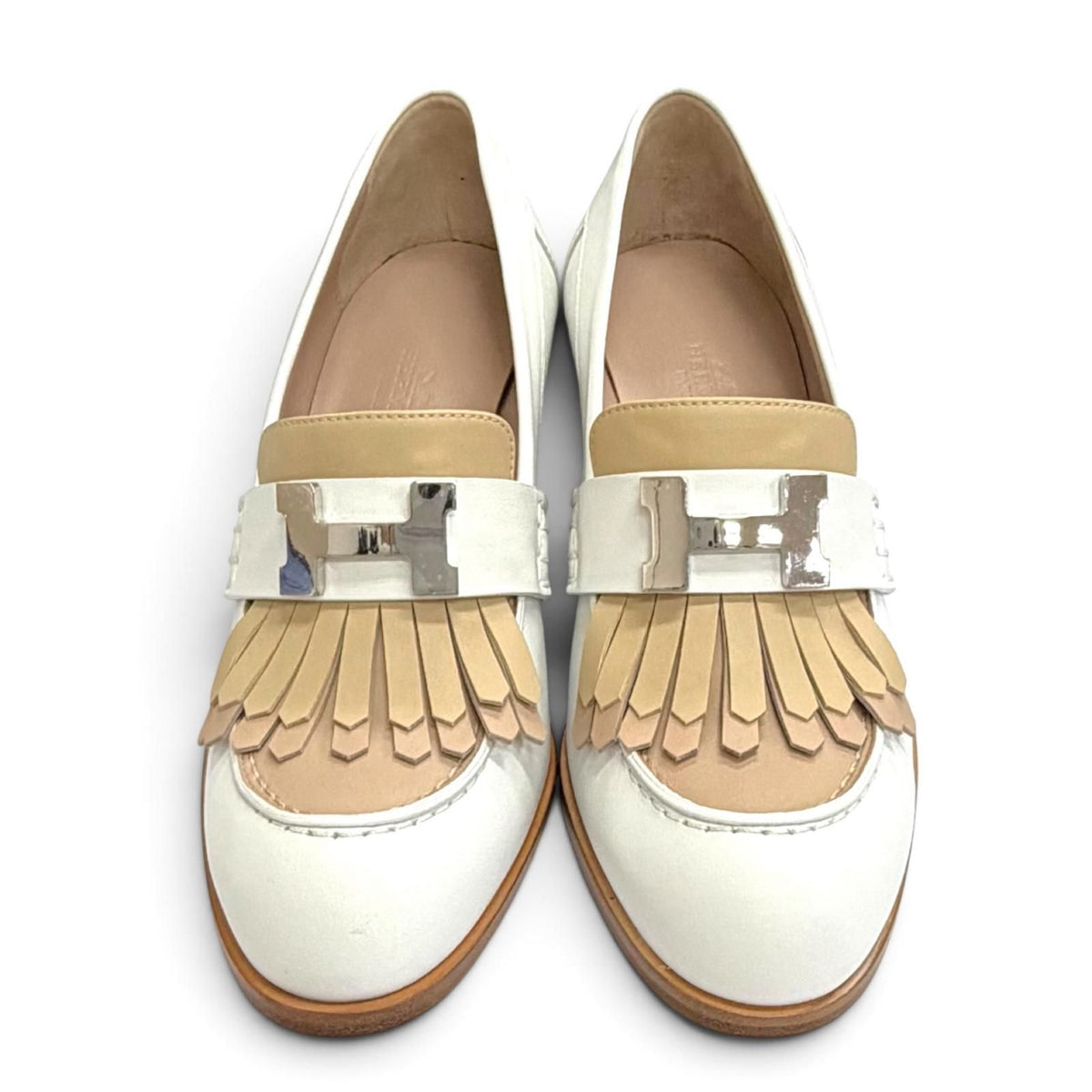 Hermes Elysee 70 Constance Silver Leather Pumps Chunky Heel White — view 3