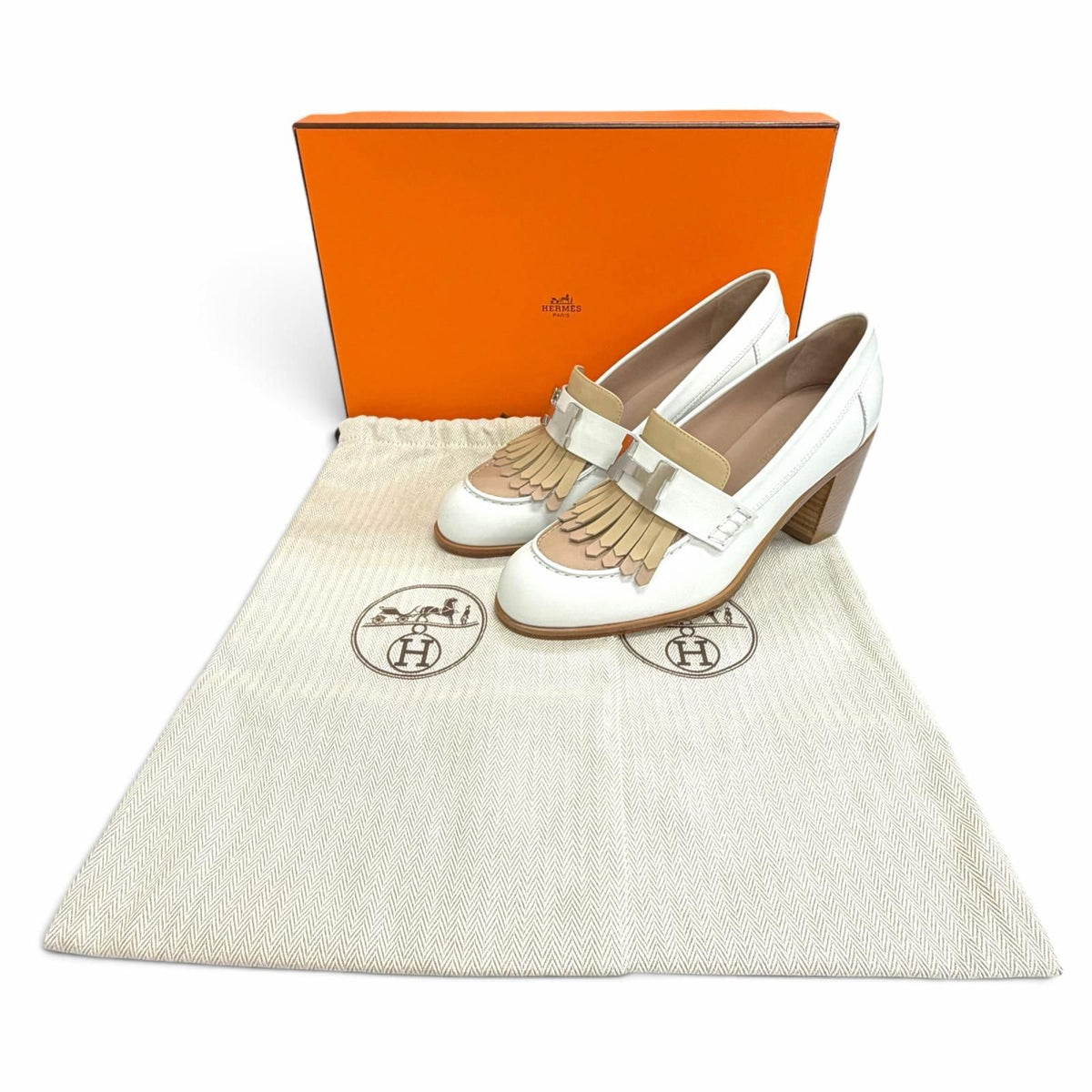 Hermes Elysee 70 Constance Silver Leather Pumps Chunky Heel White — view 2