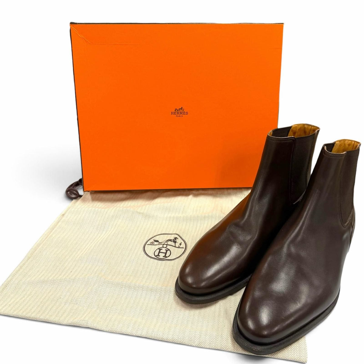 Hermes Leather Side Gore Chelsea Boots Short Dark Brown — view 2