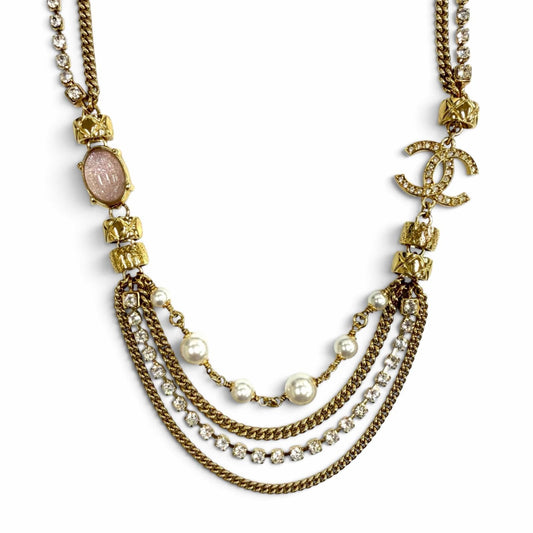 Chanel CC Logo Eco Pearl Stone Crush Chain Necklace Gold Pink White